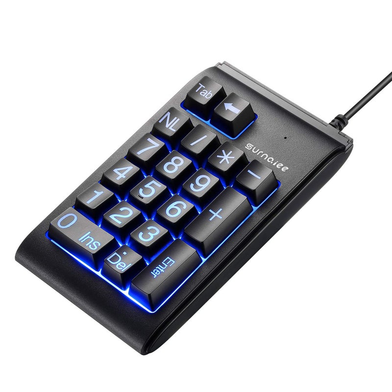 SurnQiee USB Number Pad, Large Print Wired Numeric Keypad with 3 Colors LED Backlit, Portable Mini 10 Key Num Pad for Laptop Desktop Computer PC, Full Size 19 Key - Black - Image 1